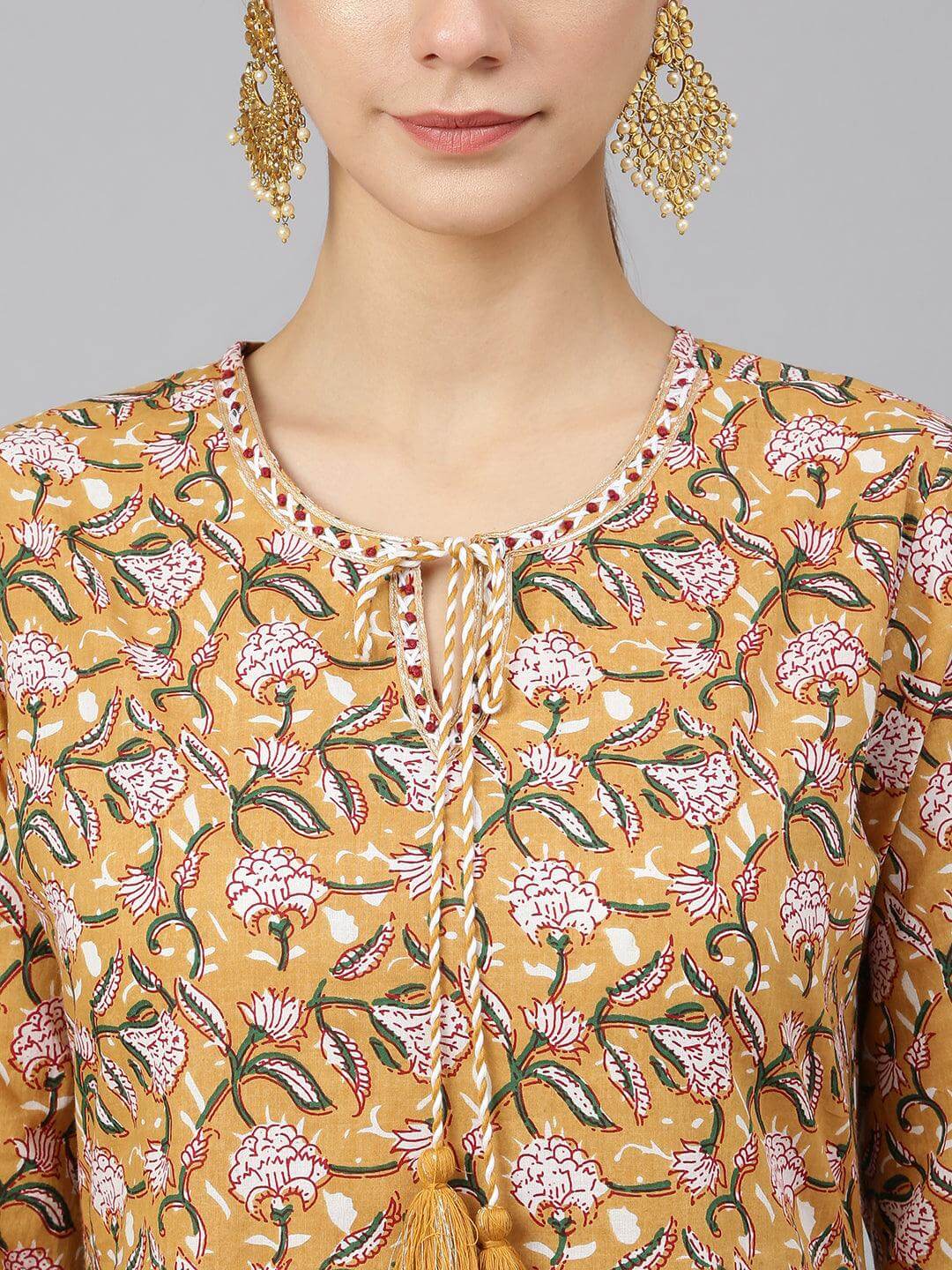 Light Brown Cotton Floral Print Kurta with Pant and Dupatta