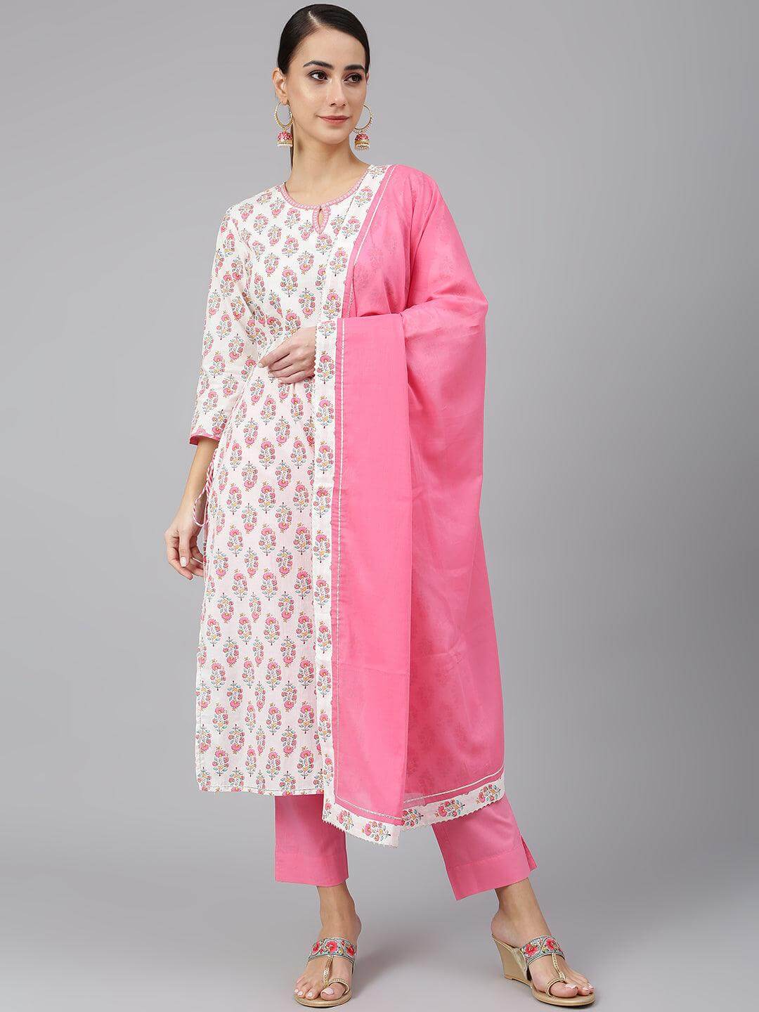 Off White Cotton Floral Print Kurta with Pant and Dupatta