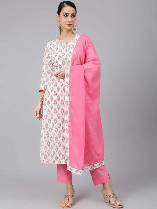 Off White Cotton Floral Print Kurta with Pant and Dupatta