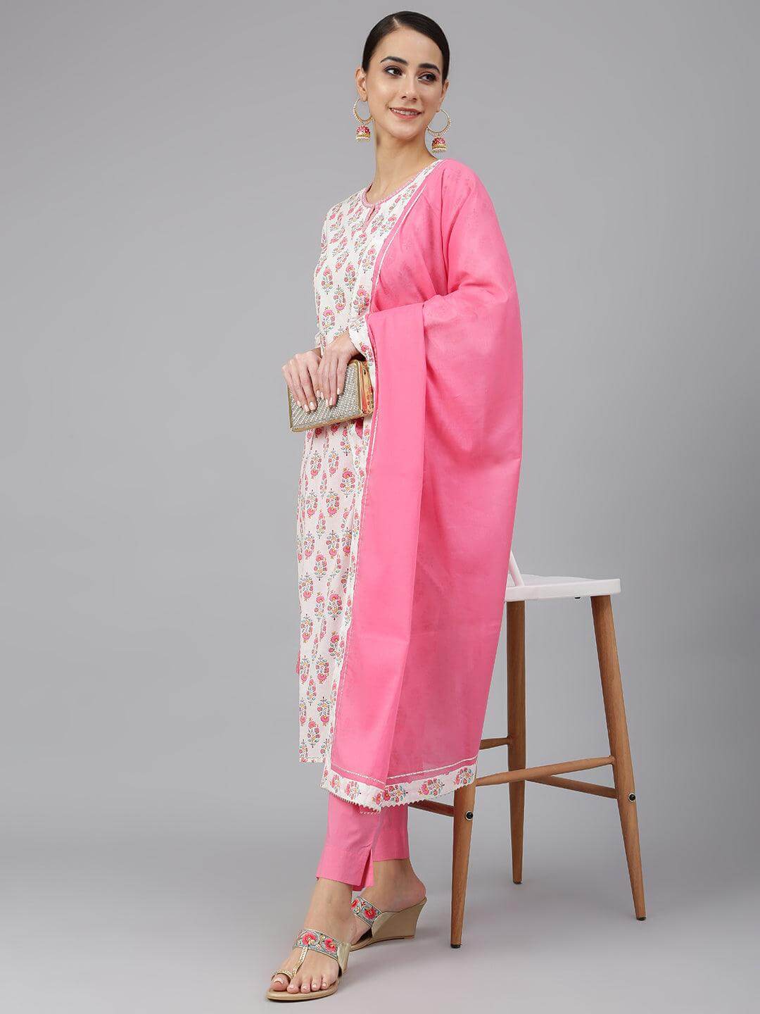 Off White Cotton Floral Print Kurta with Pant and Dupatta