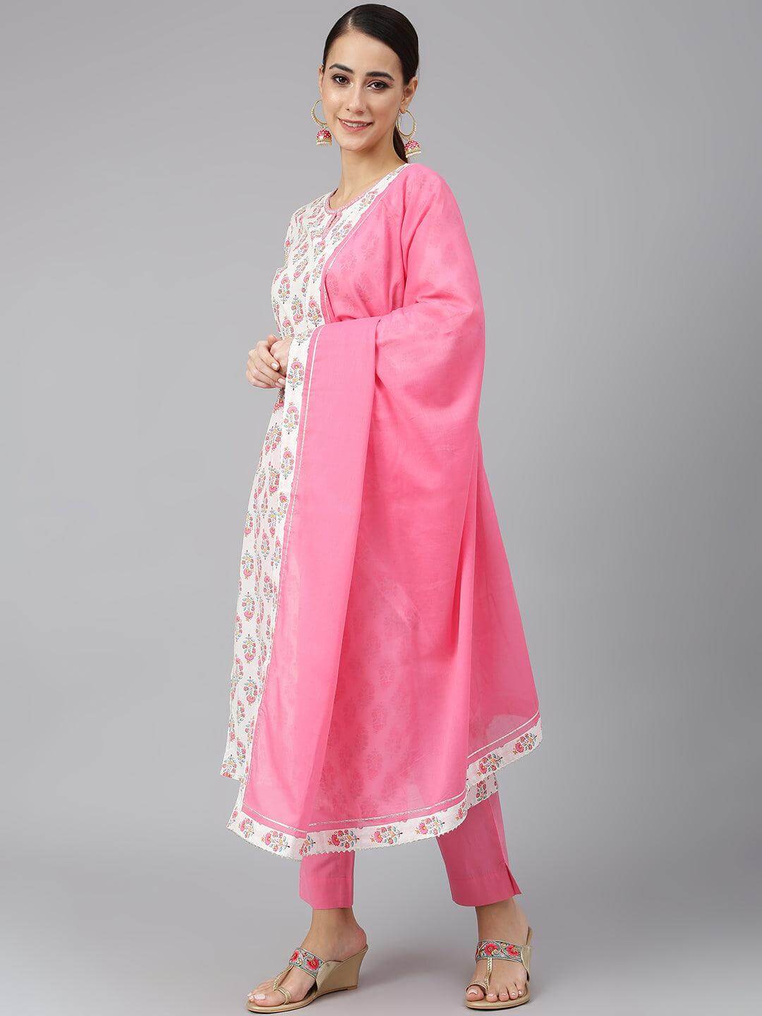 Off White Cotton Floral Print Kurta with Pant and Dupatta