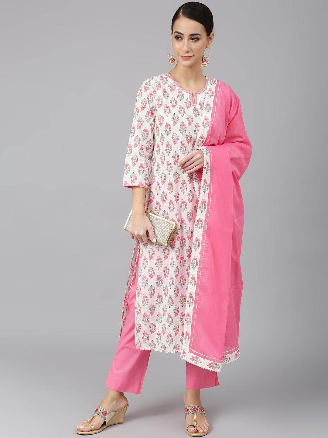 Off White Cotton Floral Print Kurta with Pant and Dupatta