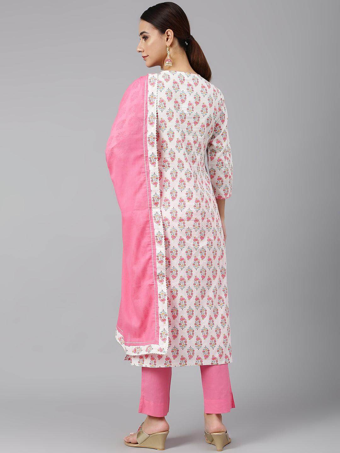 Off White Cotton Floral Print Kurta with Pant and Dupatta