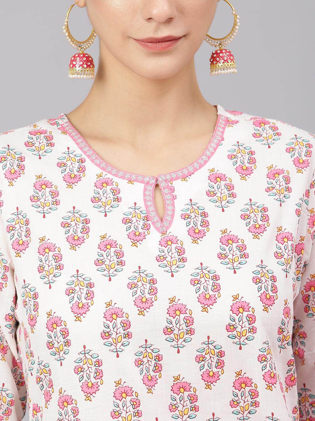 Off White Cotton Floral Print Kurta with Pant and Dupatta