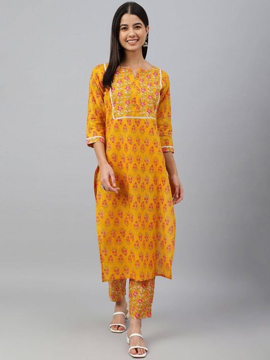 Mustard Cotton Floral Print Kurta with Pant