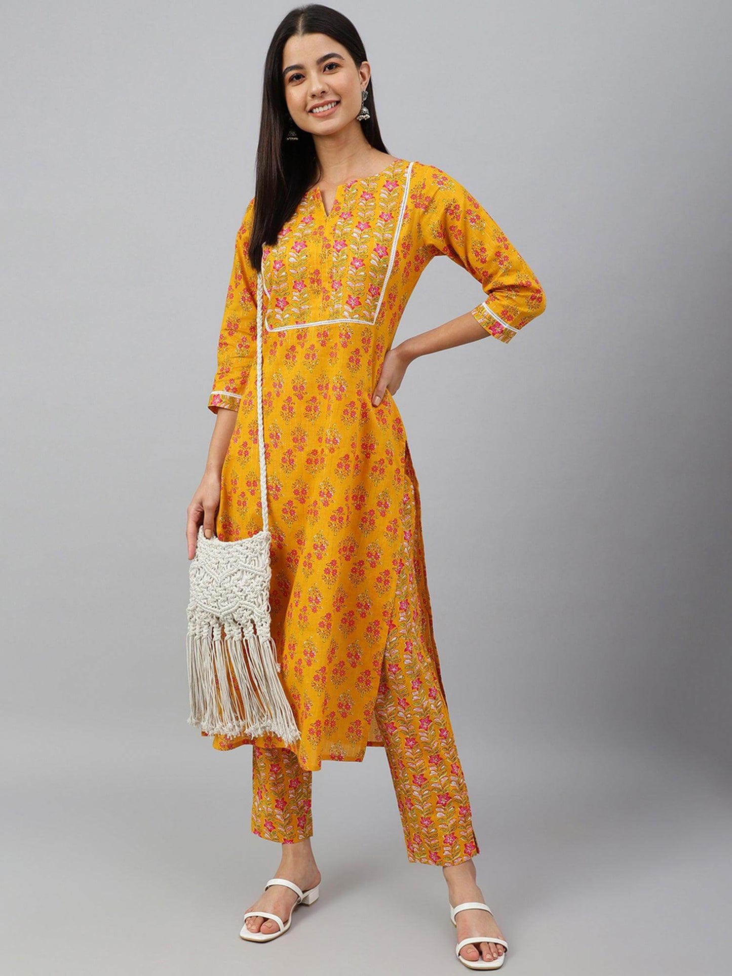 Mustard Cotton Floral Print Kurta with Pant