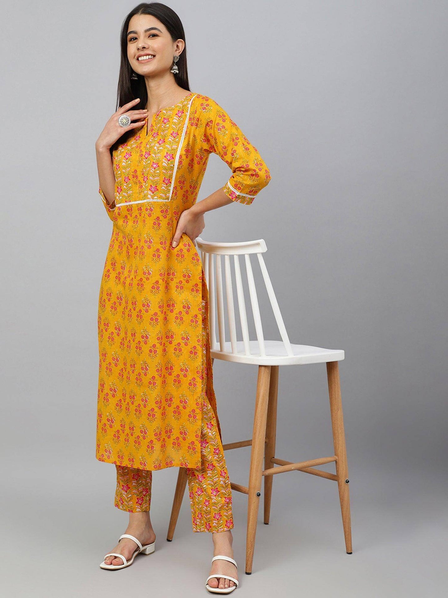 Mustard Cotton Floral Print Kurta with Pant