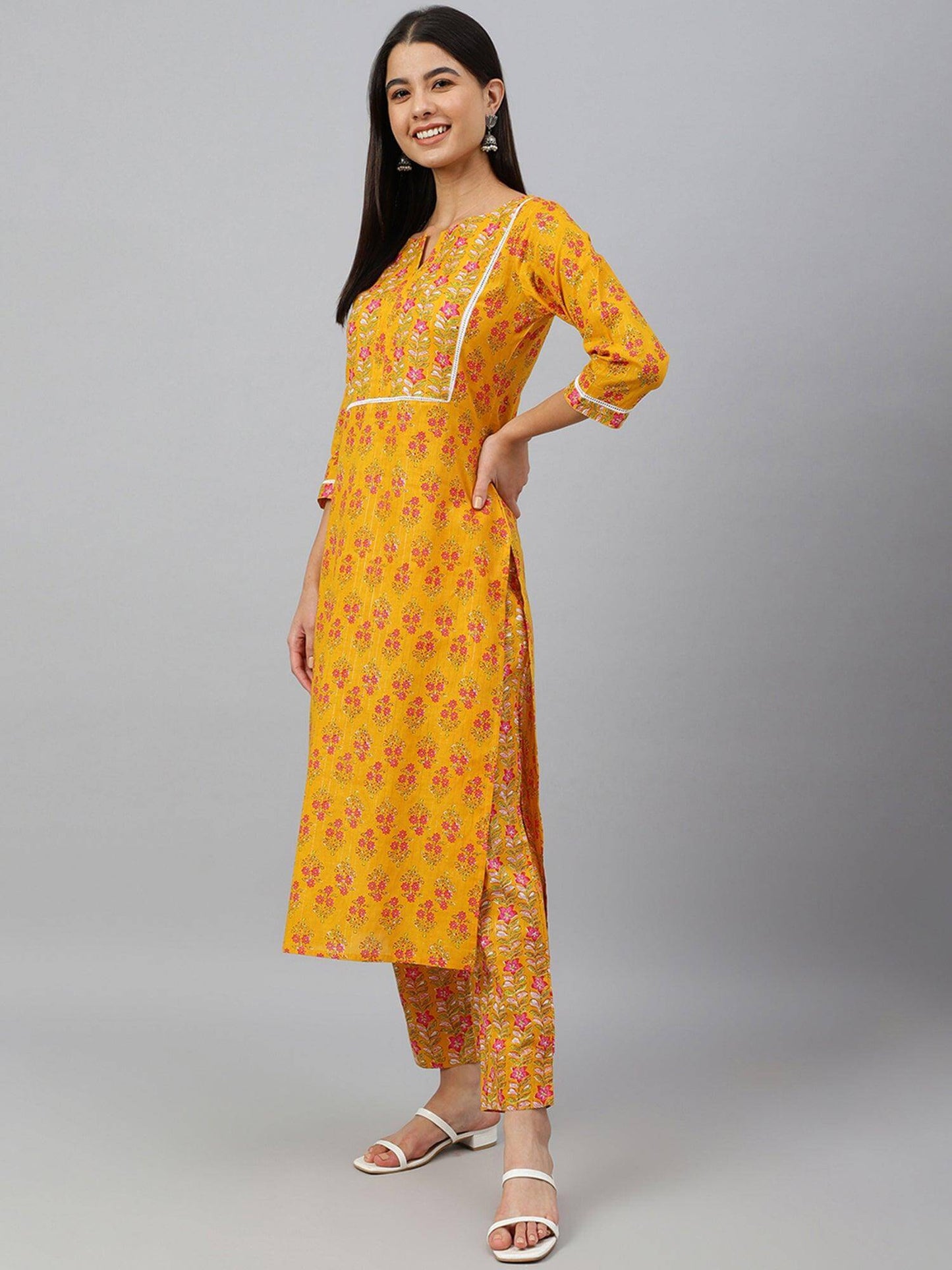 Mustard Cotton Floral Print Kurta with Pant