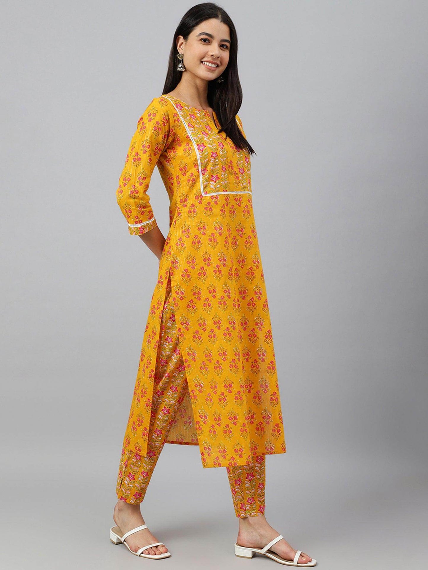 Mustard Cotton Floral Print Kurta with Pant