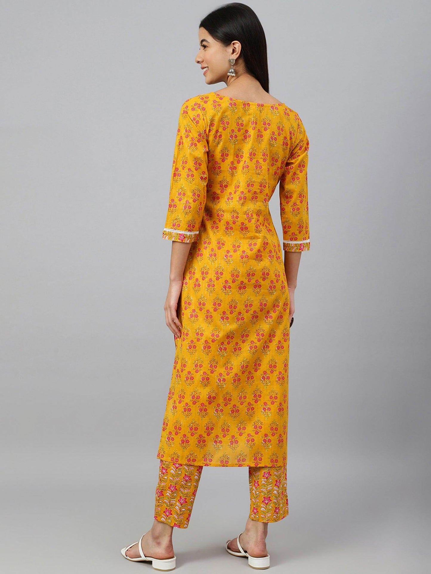 Mustard Cotton Floral Print Kurta with Pant