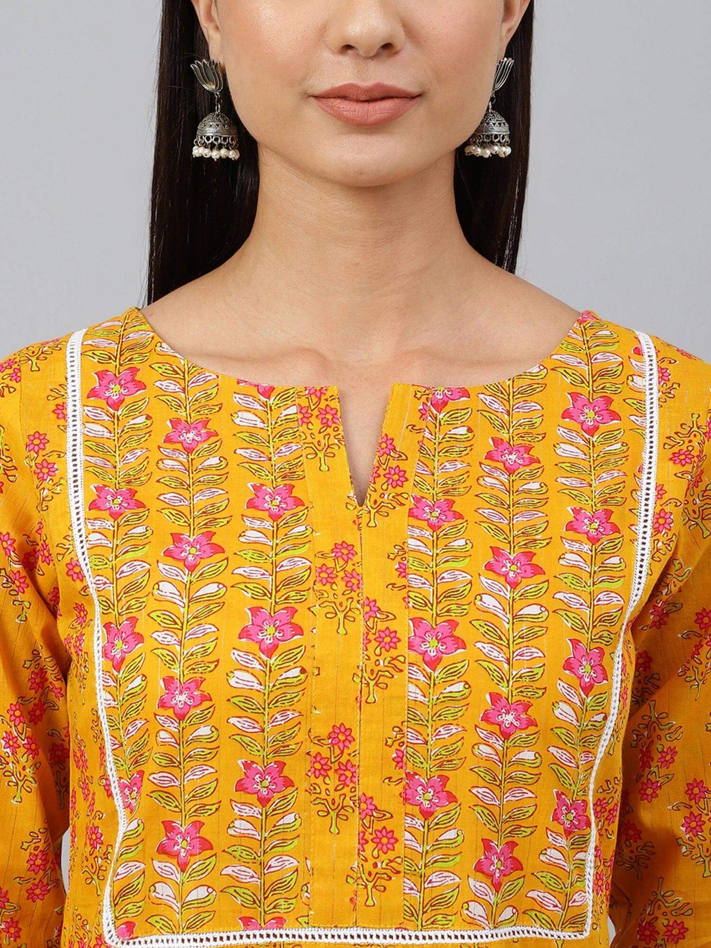 Mustard Cotton Floral Print Kurta with Pant