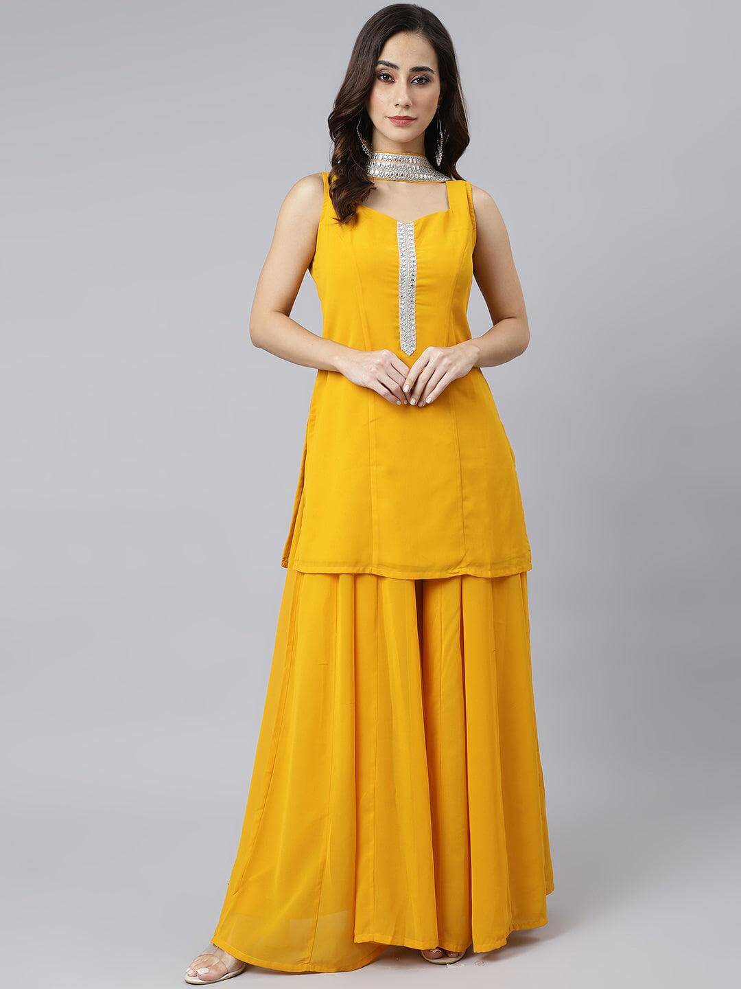 Mustard Georgette Solid Kurta with Kali Palazzo and Dupatta