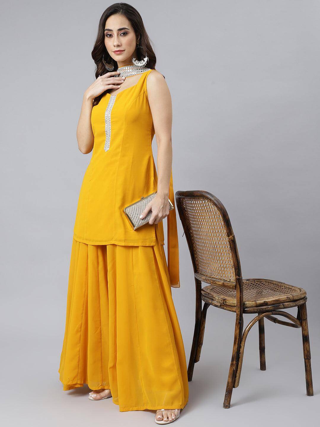 Mustard Georgette Solid Kurta with Kali Palazzo and Dupatta