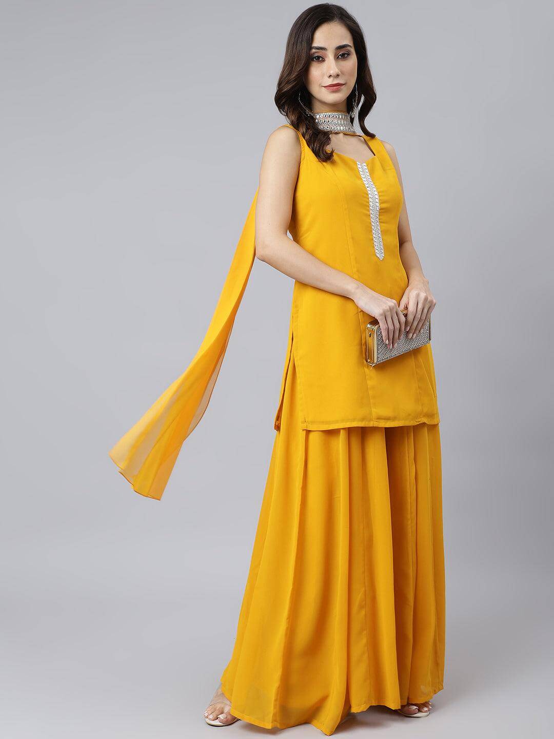 Mustard Georgette Solid Kurta with Kali Palazzo and Dupatta