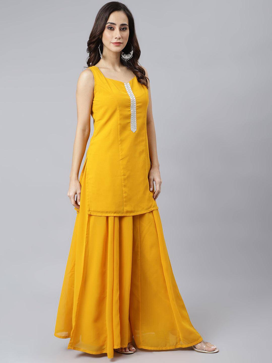 Mustard Georgette Solid Kurta with Kali Palazzo and Dupatta