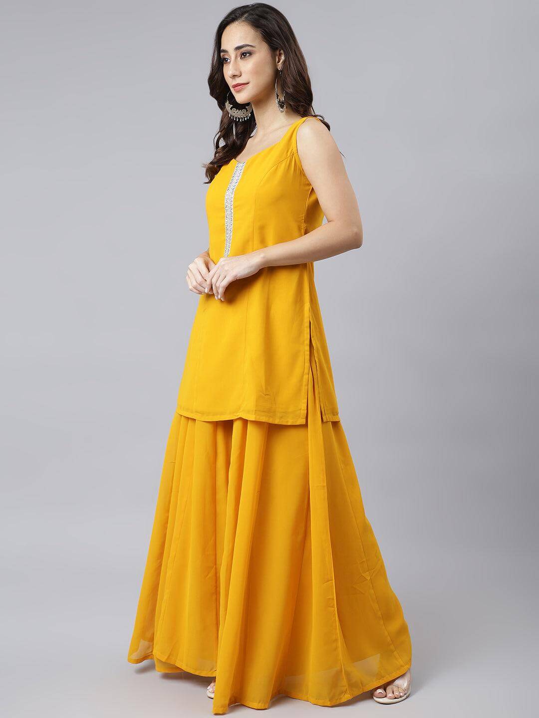 Mustard Georgette Solid Kurta with Kali Palazzo and Dupatta