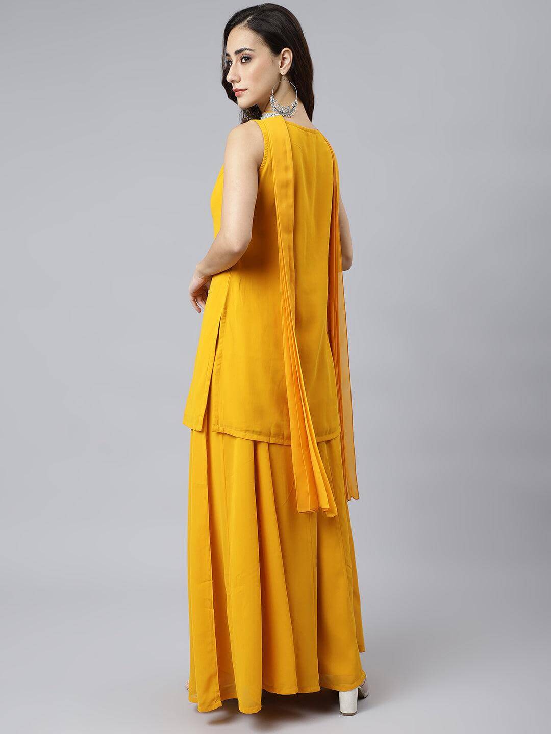 Mustard Georgette Solid Kurta with Kali Palazzo and Dupatta
