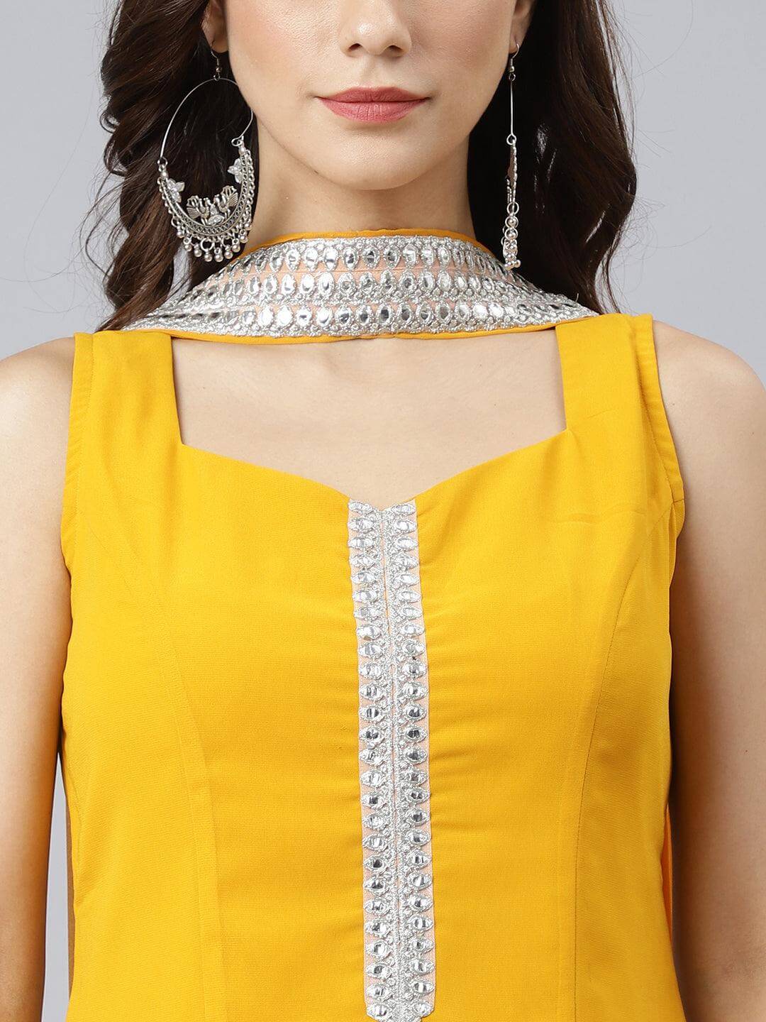 Mustard Georgette Solid Kurta with Kali Palazzo and Dupatta