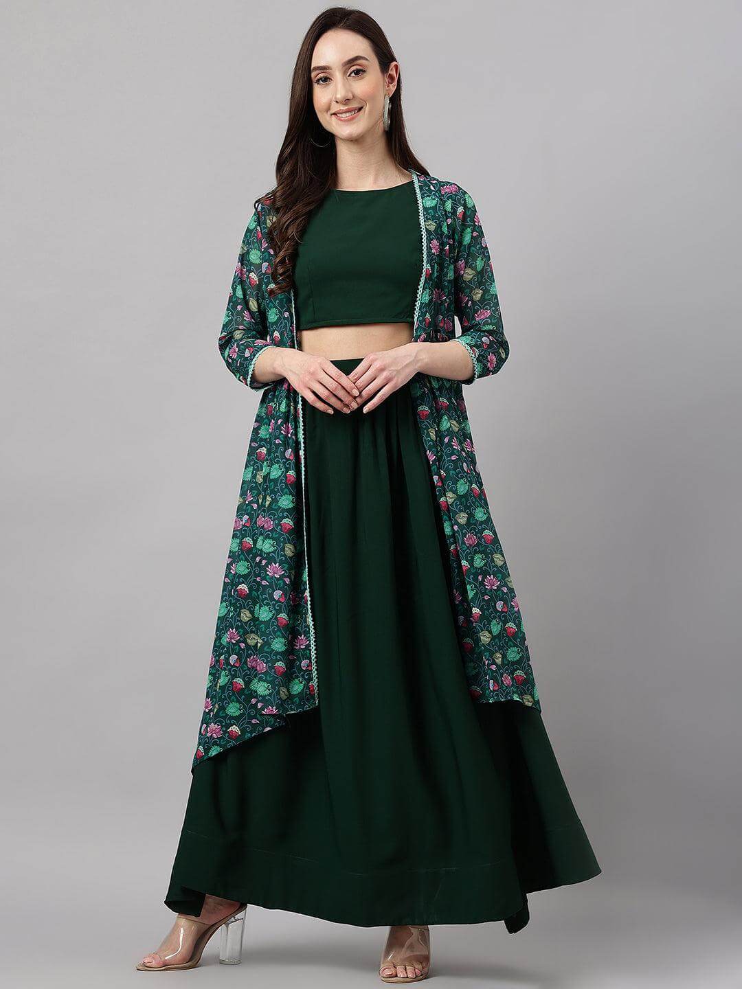 Women's Green Crepe Solid Crop Top with Skirt and Jacket