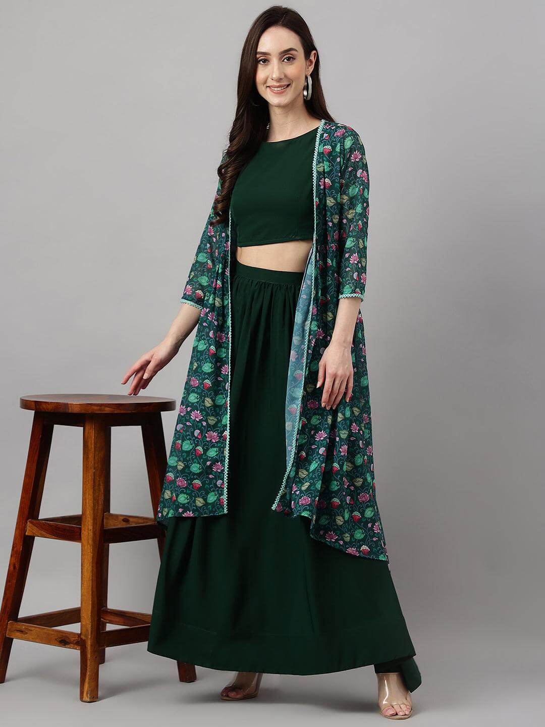 Women's Green Crepe Solid Crop Top with Skirt and Jacket