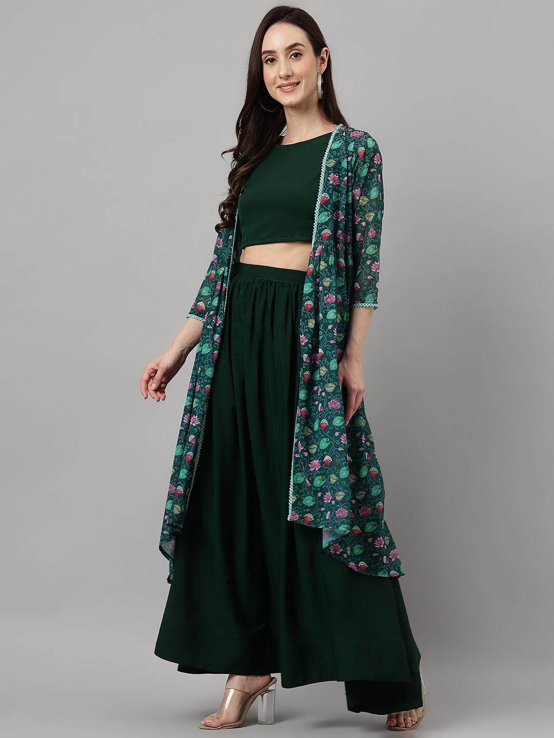 Women's Green Crepe Solid Crop Top with Skirt and Jacket