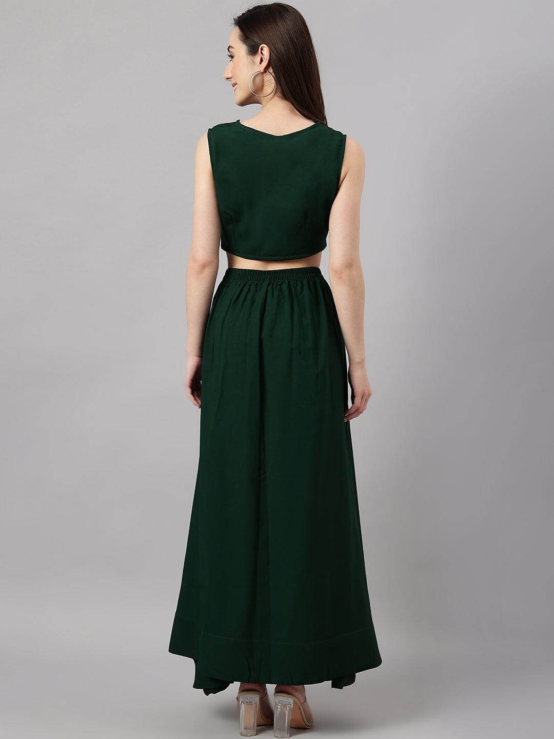 Women's Green Crepe Solid Crop Top with Skirt and Jacket