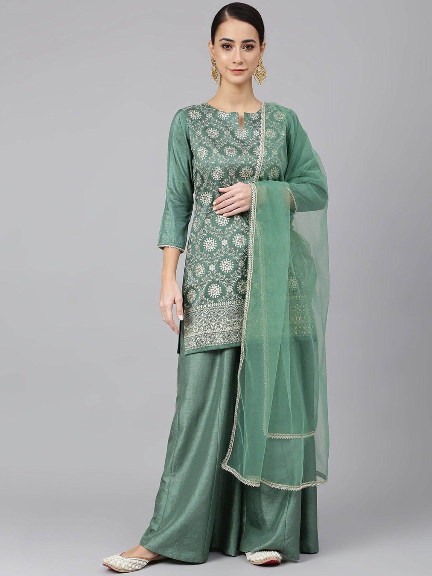 Mint Green Chinon Floral Foil Print Kurta with Palazzo and Dupatta