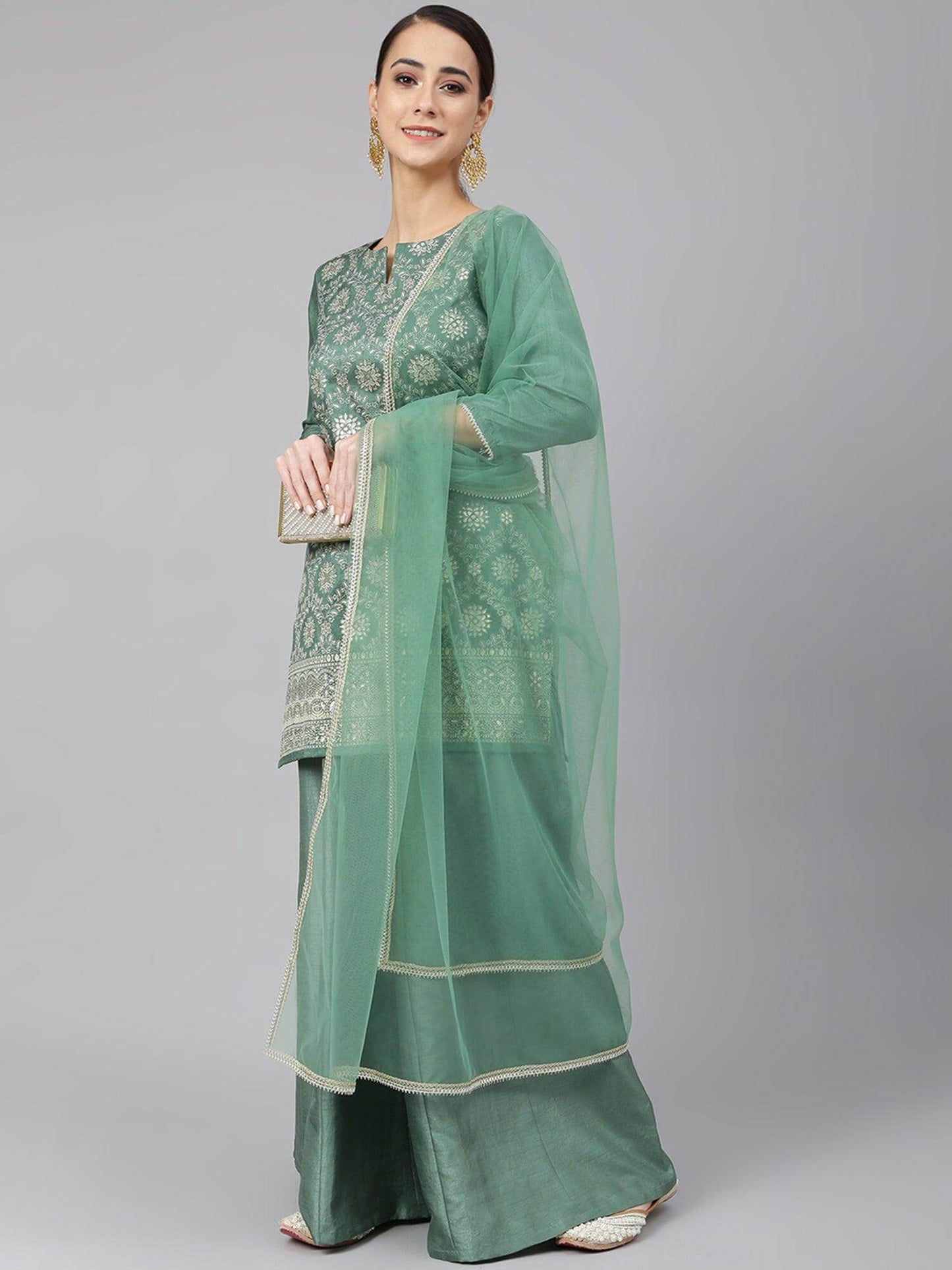 Mint Green Chinon Floral Foil Print Kurta with Palazzo and Dupatta