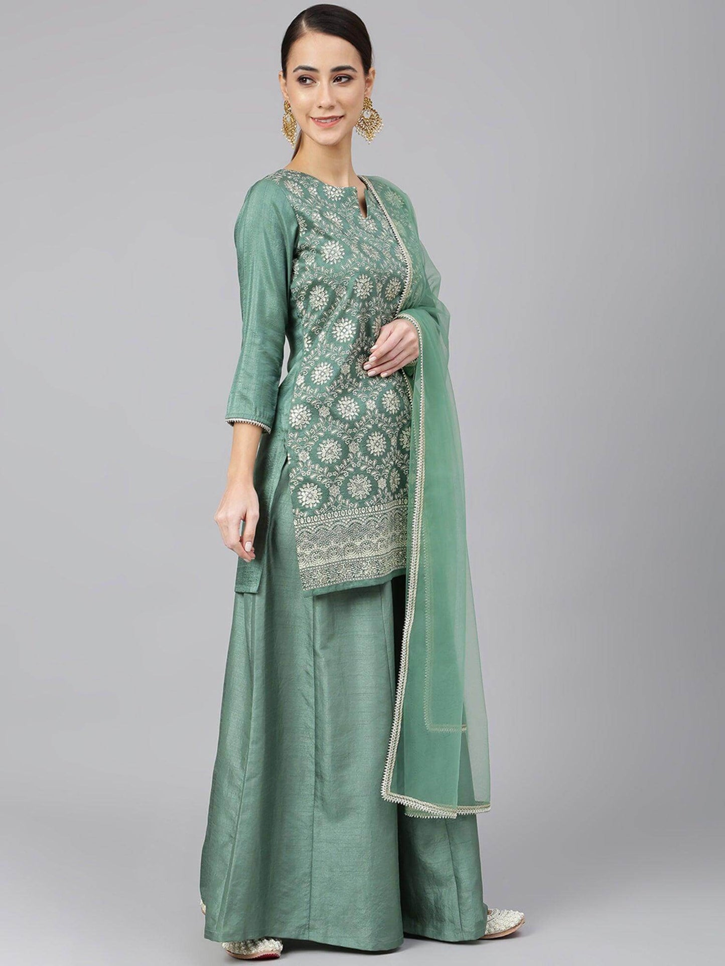 Mint Green Chinon Floral Foil Print Kurta with Palazzo and Dupatta