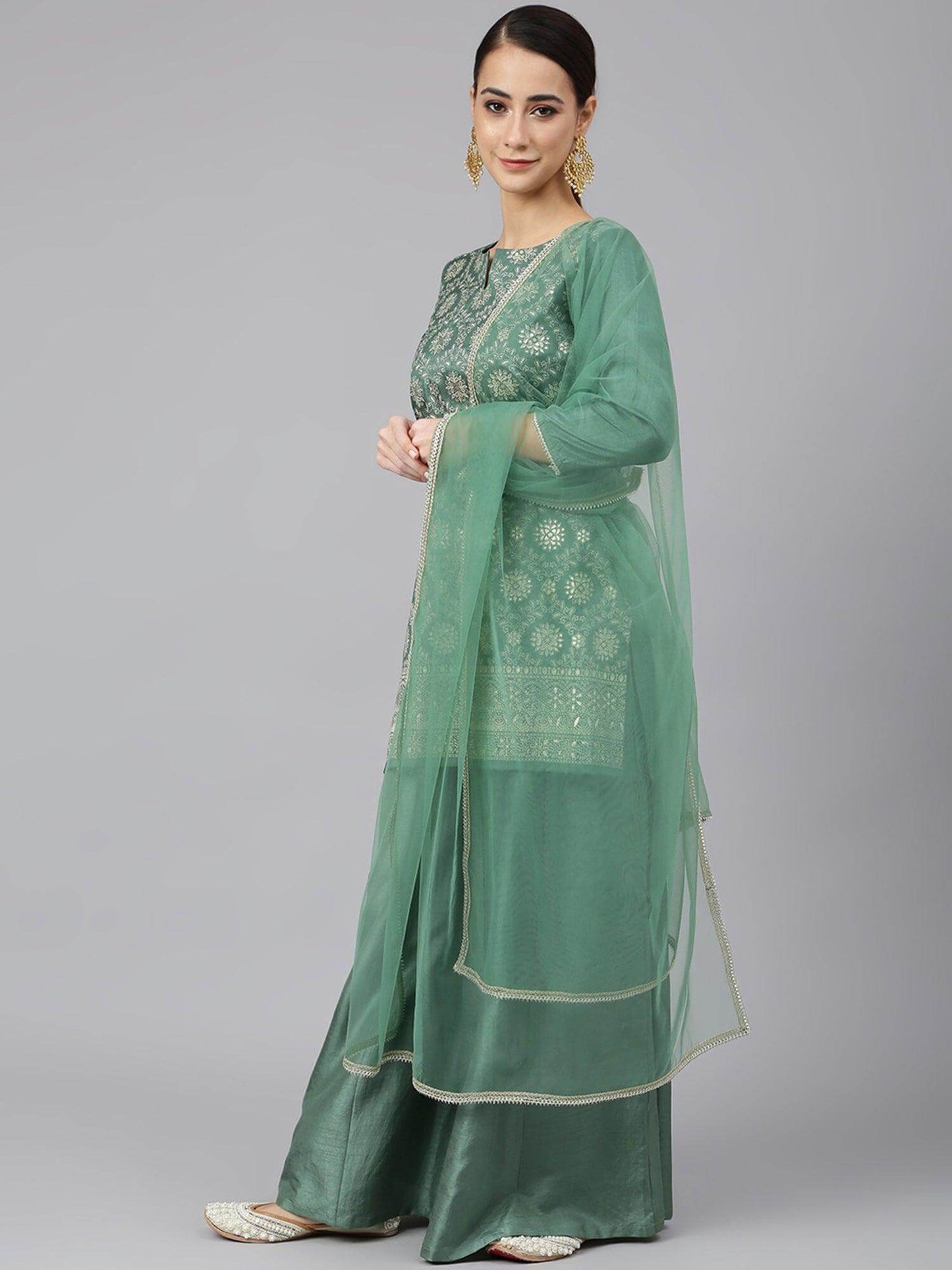 Mint Green Chinon Floral Foil Print Kurta with Palazzo and Dupatta