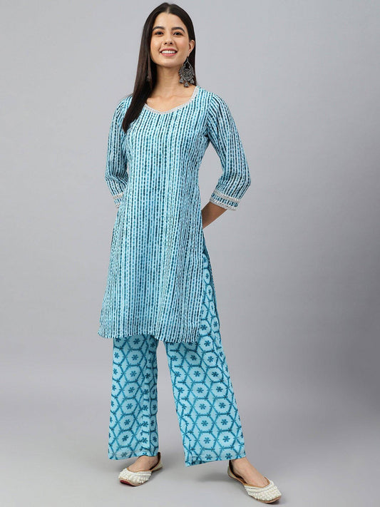 Aqua Blue Georgette Shibori Print Kurta with Palazzo