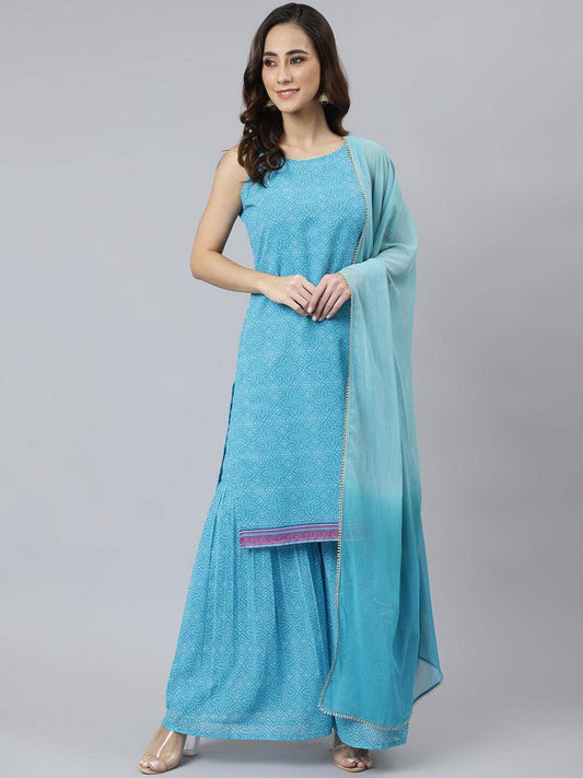 Women's-Light-Blue-Georgette-Bandhani-Print-Kurta-with-Sharara-and-Dupatta