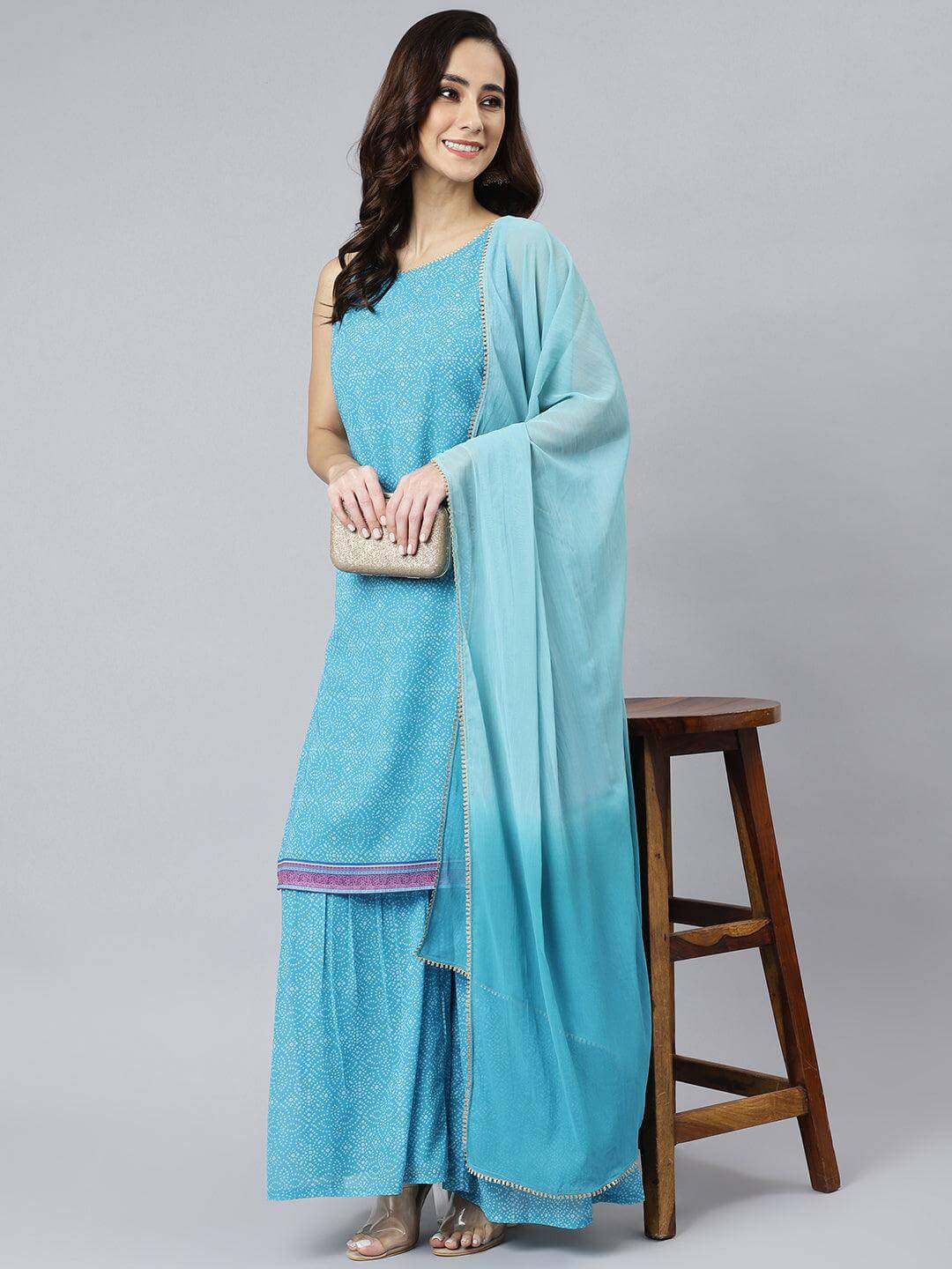 Women's-Light-Blue-Georgette-Bandhani-Print-Kurta-with-Sharara-and-Dupatta