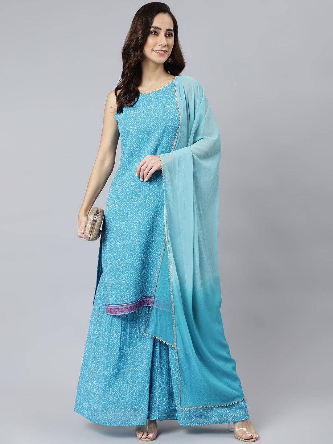 Women's-Light-Blue-Georgette-Bandhani-Print-Kurta-with-Sharara-and-Dupatta