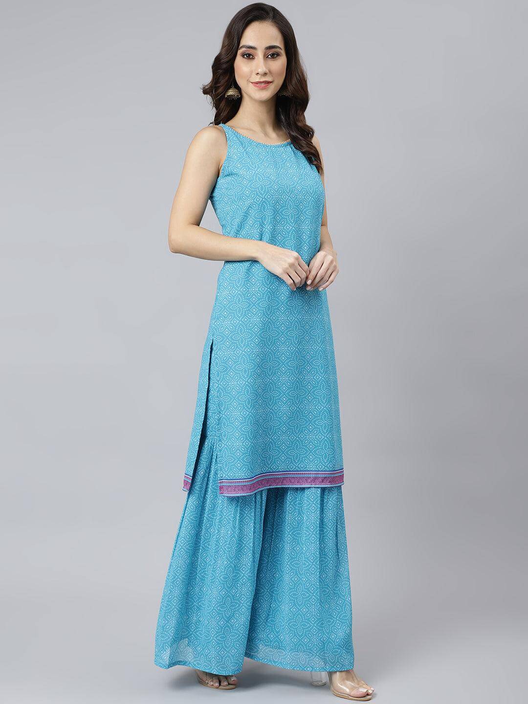 Women's-Light-Blue-Georgette-Bandhani-Print-Kurta-with-Sharara-and-Dupatta