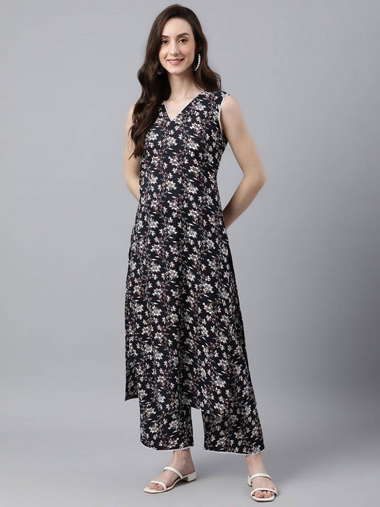 Black Cotton Printed Kurta with Palazzo