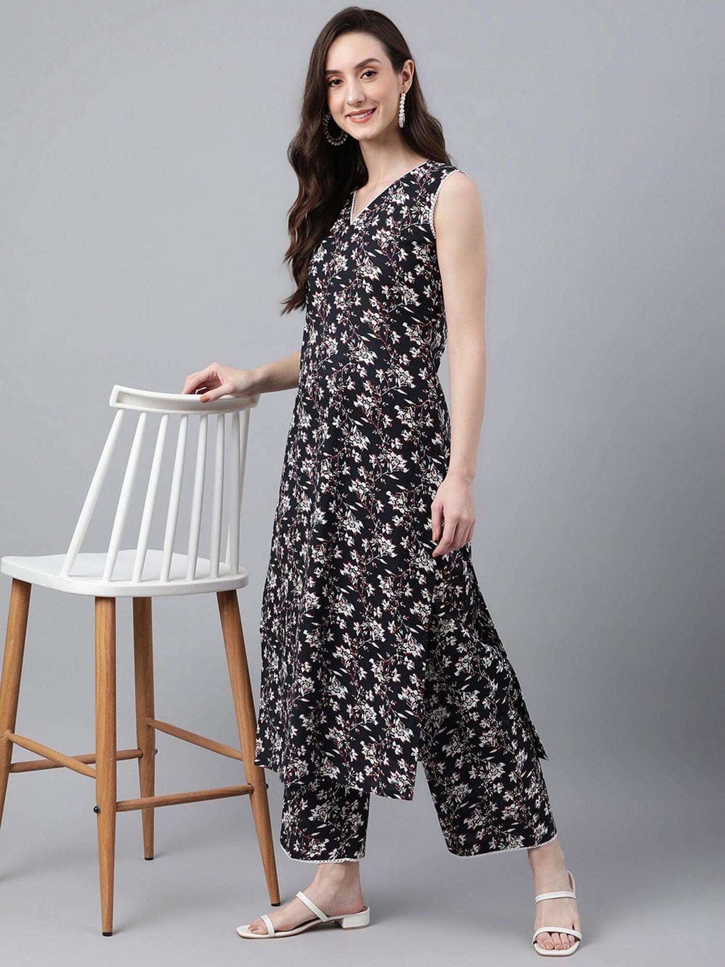 Black Cotton Printed Kurta with Palazzo