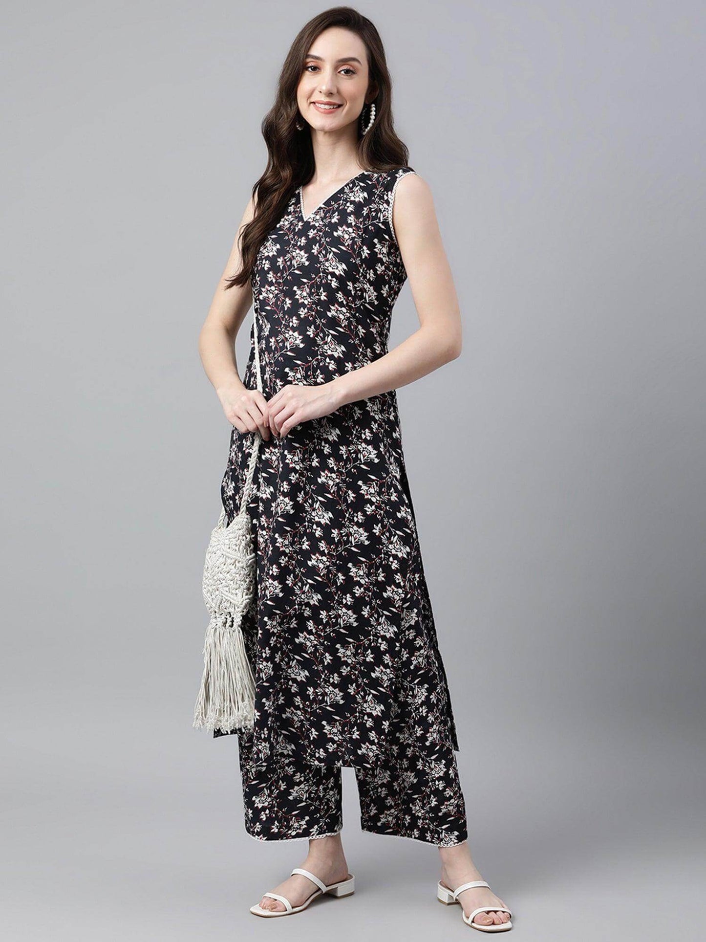 Black Cotton Printed Kurta with Palazzo
