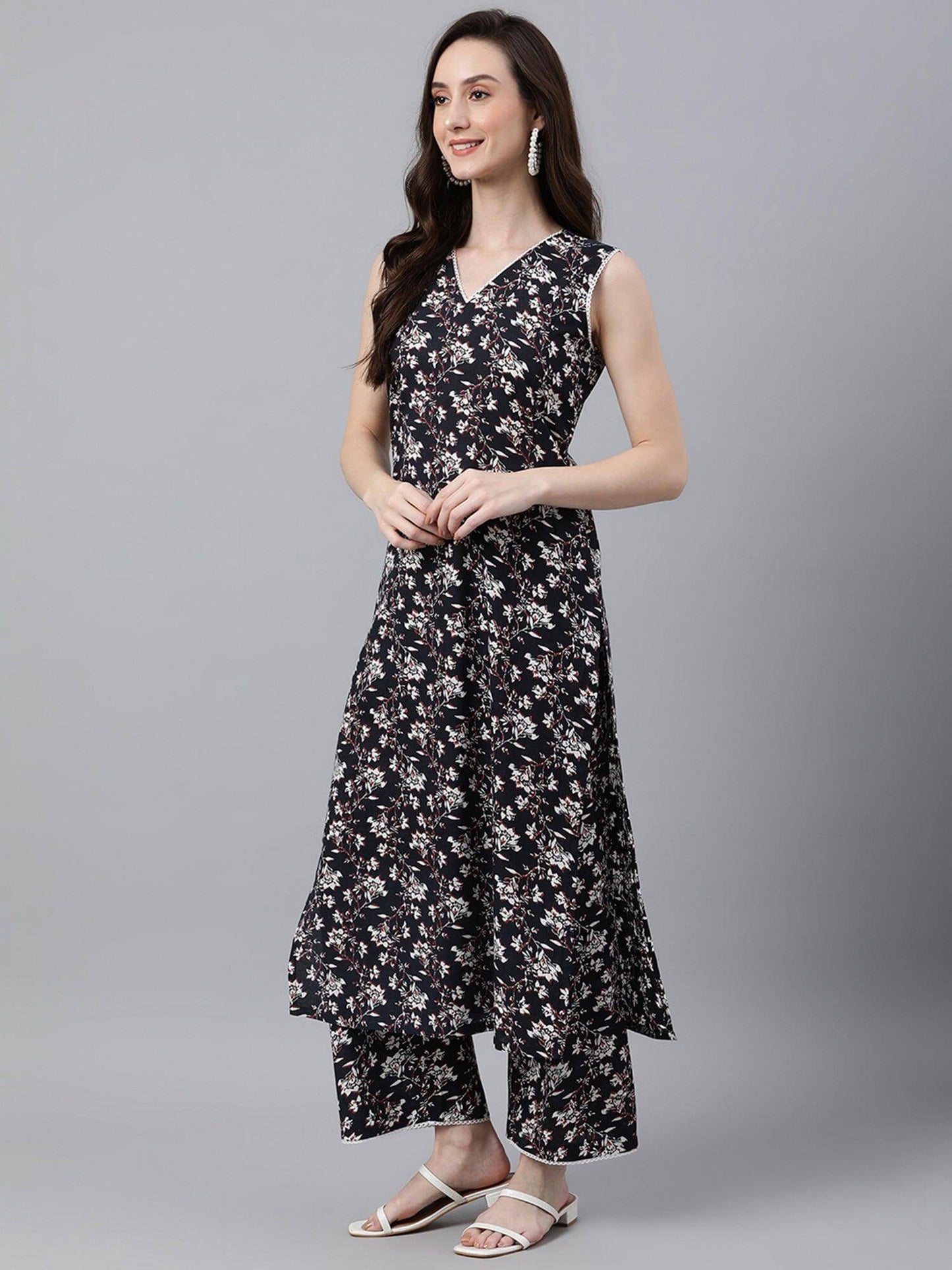Black Cotton Printed Kurta with Palazzo
