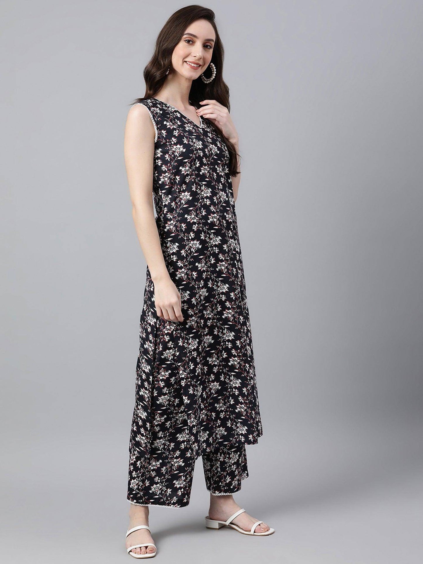 Black Cotton Printed Kurta with Palazzo