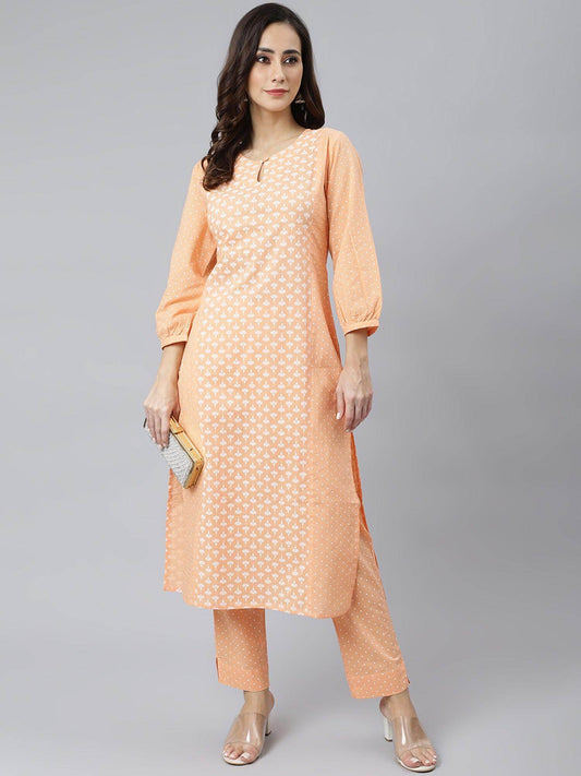 Melon Orange Cotton Screen Printed Kurta with Pant