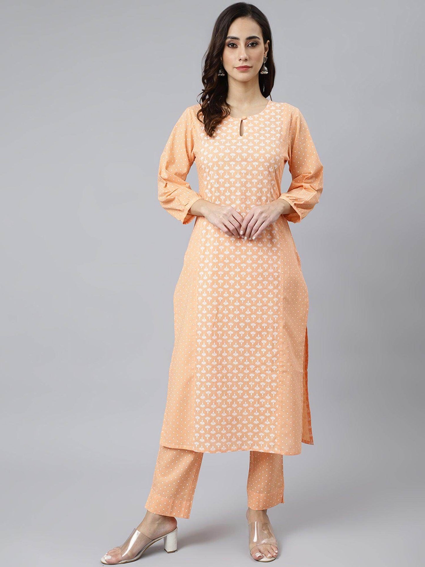 Melon Orange Cotton Screen Printed Kurta with Pant