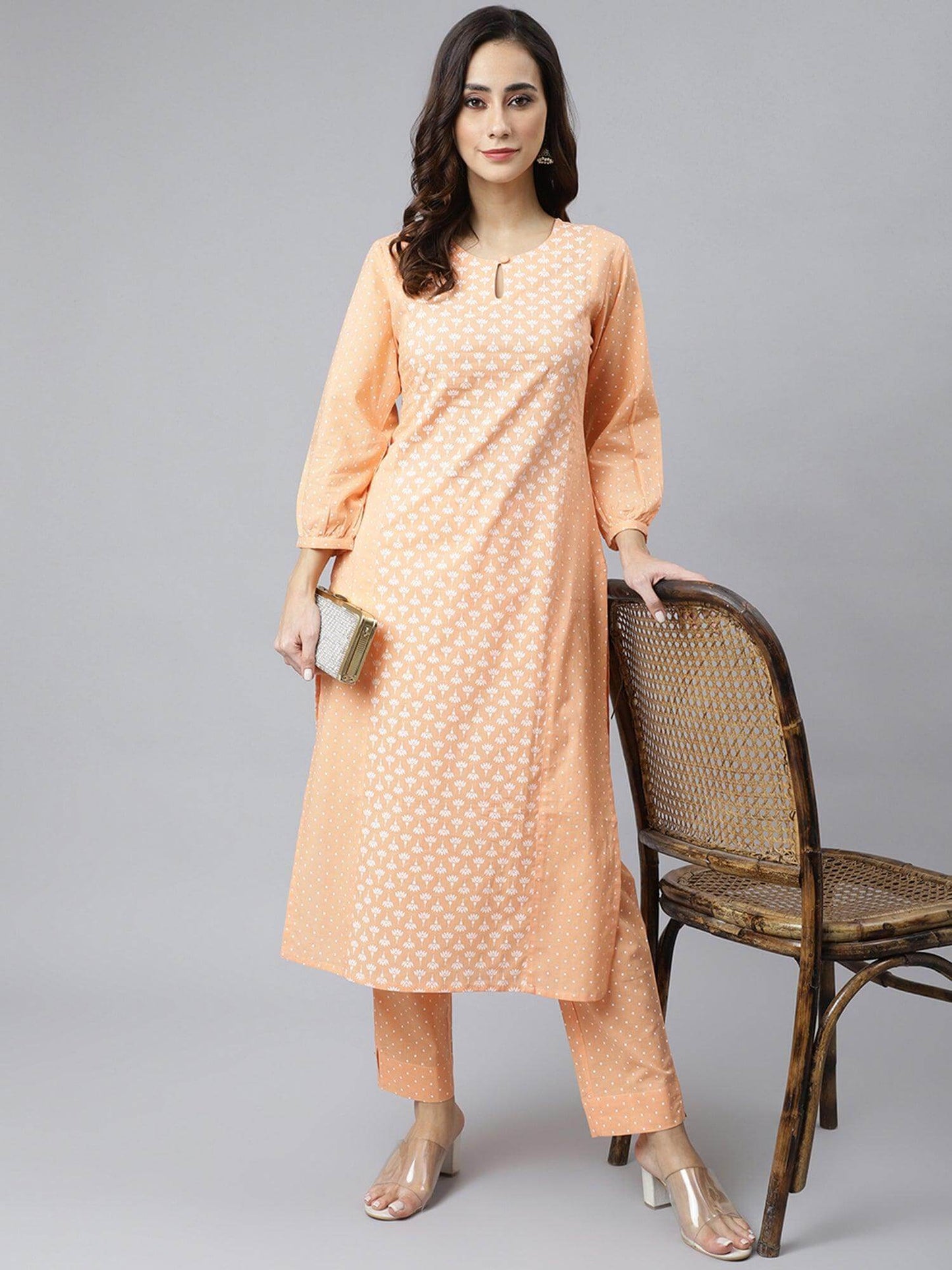 Melon Orange Cotton Screen Printed Kurta with Pant