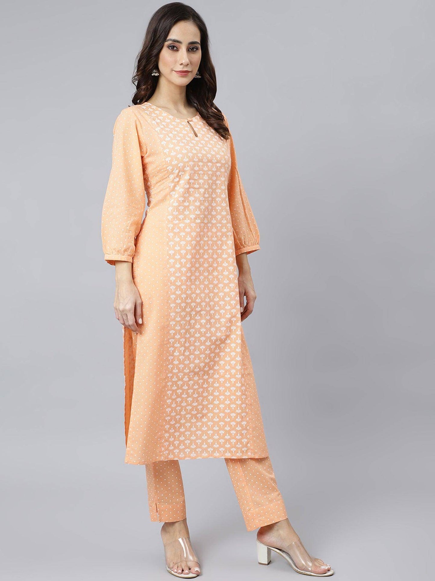 Melon Orange Cotton Screen Printed Kurta with Pant