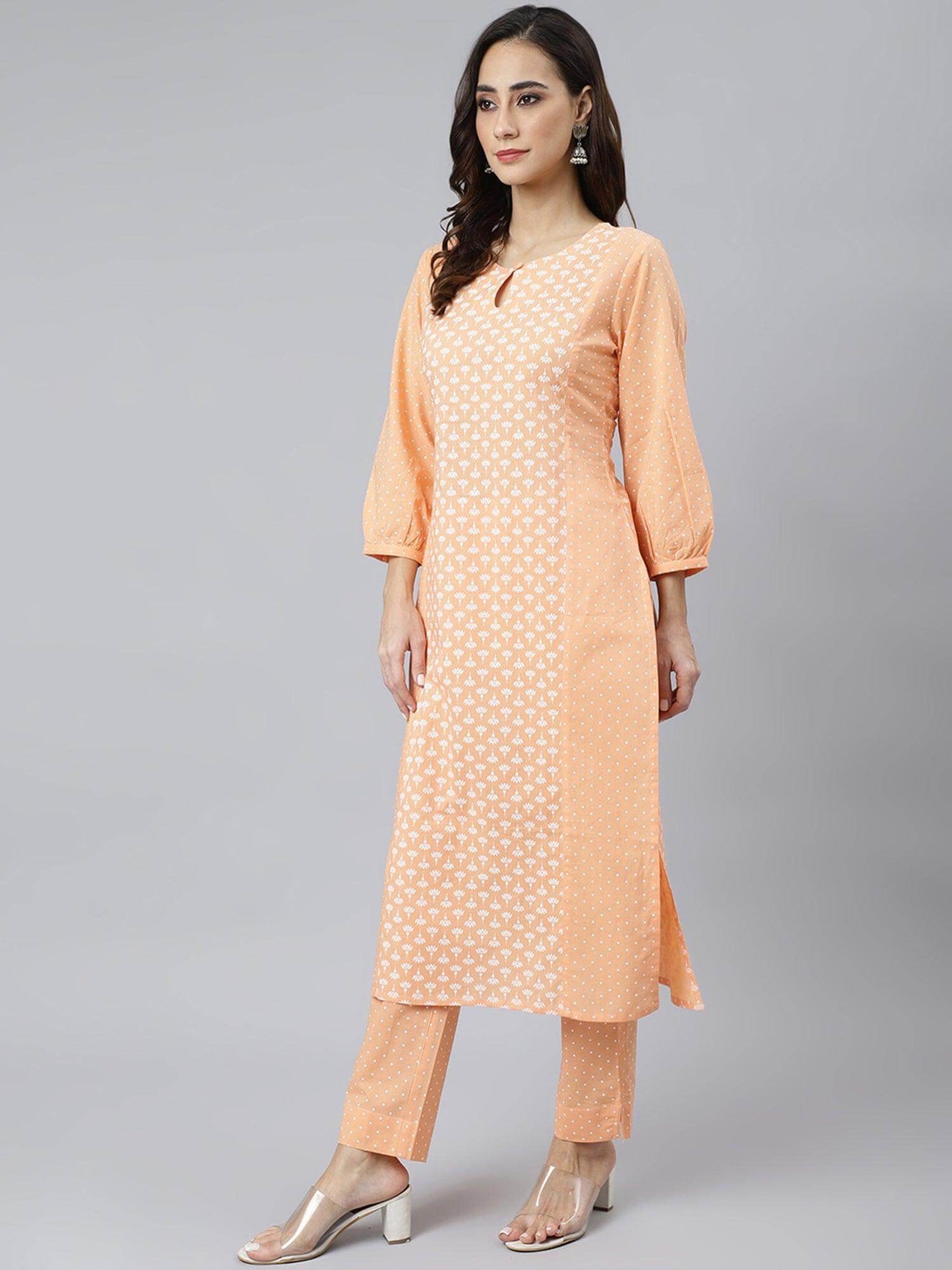 Melon Orange Cotton Screen Printed Kurta with Pant
