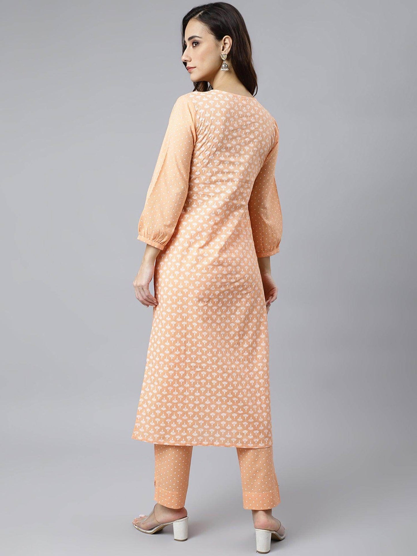 Melon Orange Cotton Screen Printed Kurta with Pant