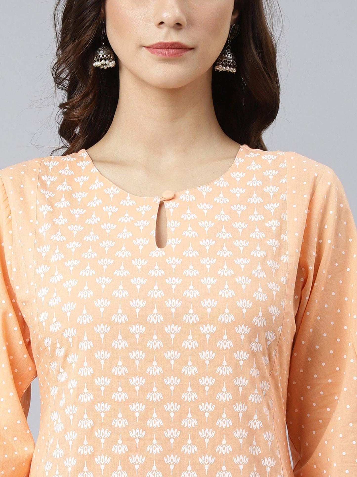 Melon Orange Cotton Screen Printed Kurta with Pant