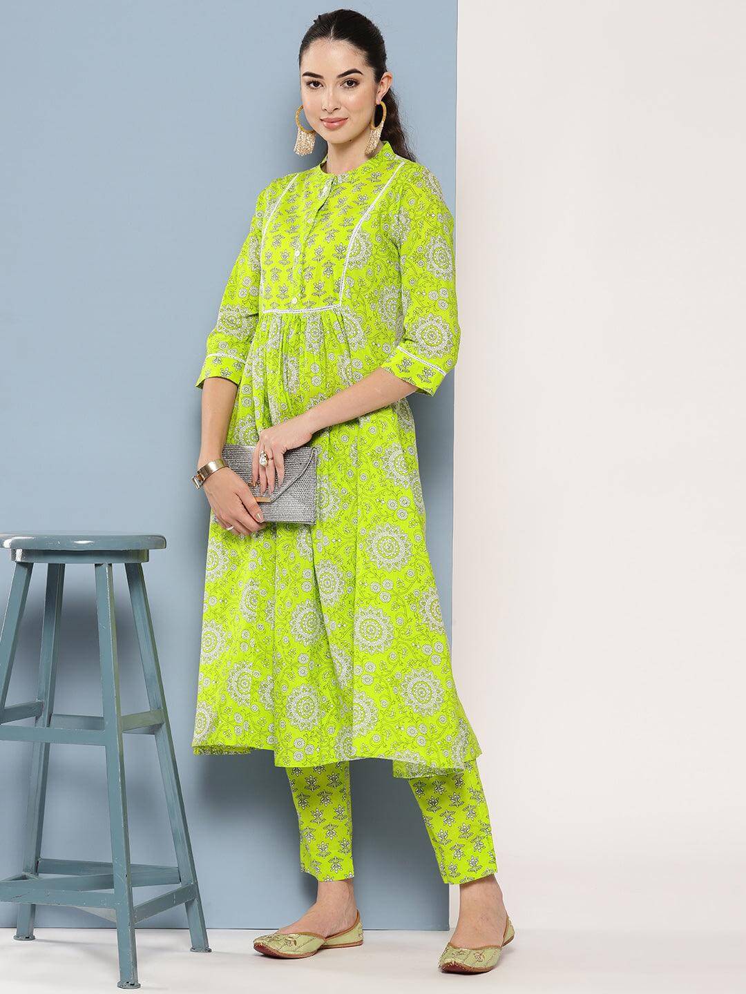 Light Green Cotton Block Printed Kurta with Pant