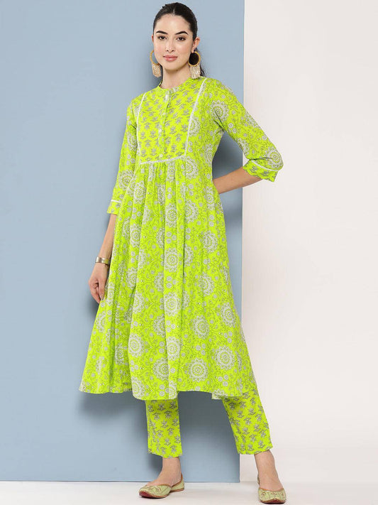 Light Green Cotton Block Printed Kurta with Pant