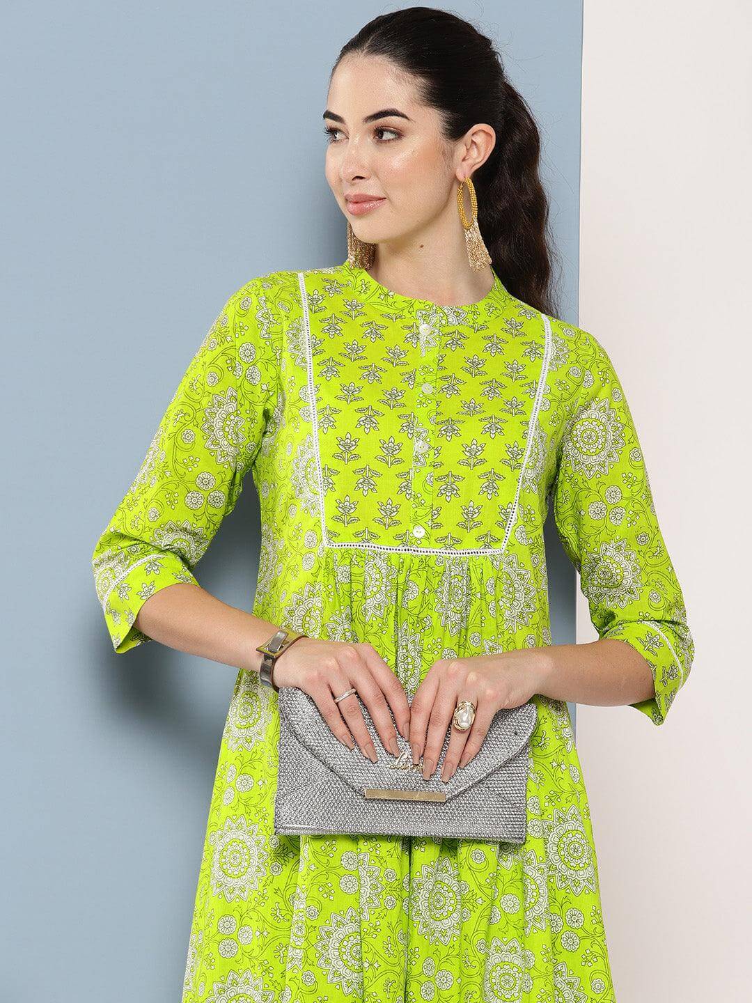 Light Green Cotton Block Printed Kurta with Pant